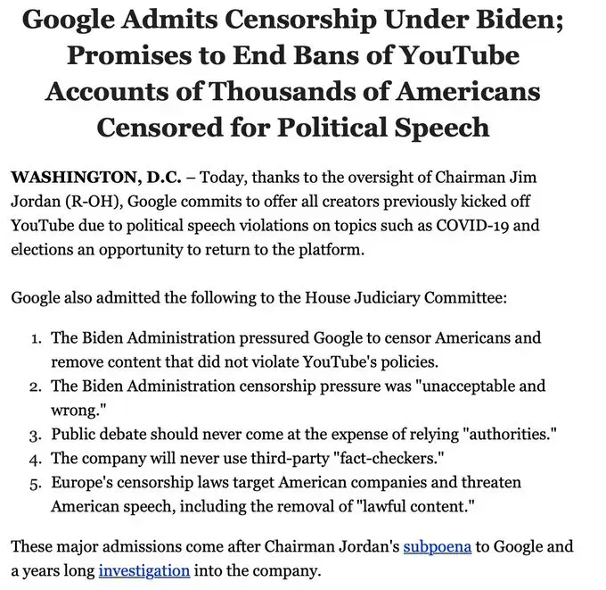 Google's Historic Admission: How the Biden Administration Pressured Big Tech to Censor Americans
